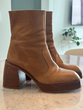 Free People Camel Leather Platform Ankle Boots Block Heel Size 8